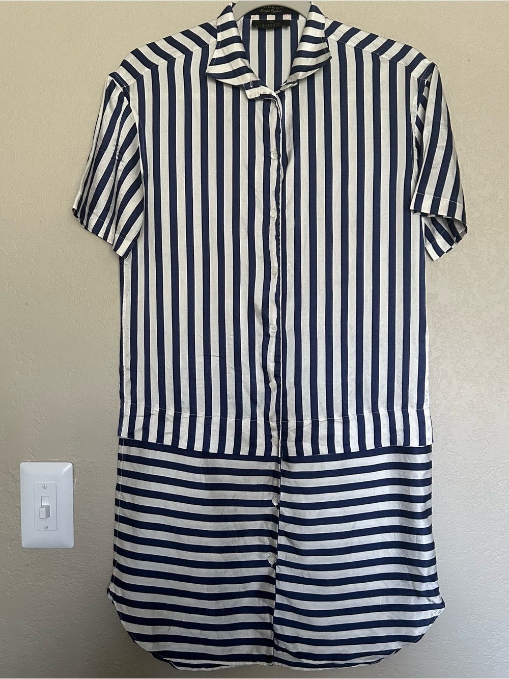 Burberry Silk Blue White Button Down Striped Shirt Dress Satin Lounge Comfort XS